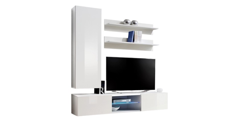 Ensemble Meuble TV FLY S1 avec LED. Coloris blanc. Meuble suspendu design pour votre salon.