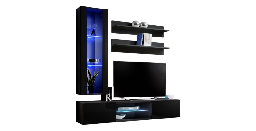 Ensemble Meuble TV FLY S2 avec LED. Coloris noir. Meuble suspendu design pour votre salon.