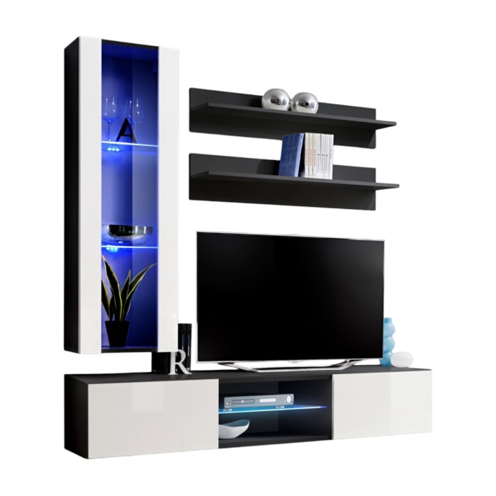 Ensemble Meuble TV FLY S2 avec LED. Coloris noir et blanc. Meuble suspendu design pour votre salon.