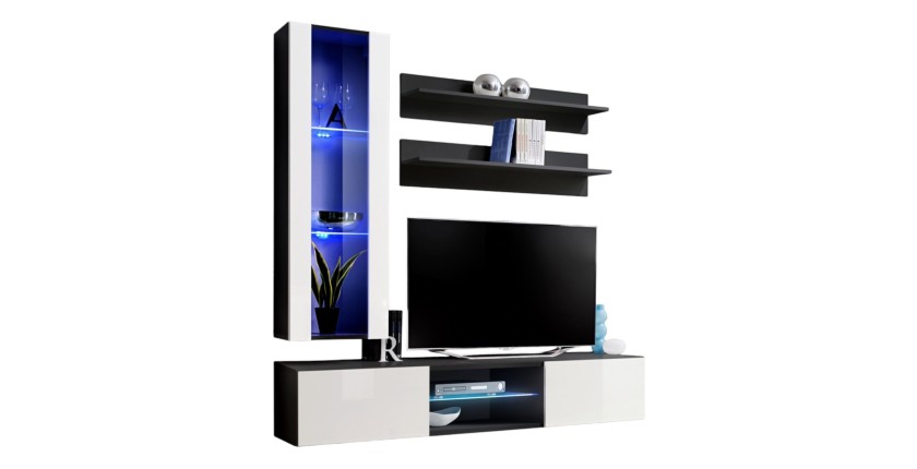 Ensemble Meuble TV FLY S2 avec LED. Coloris noir et blanc. Meuble suspendu design pour votre salon.