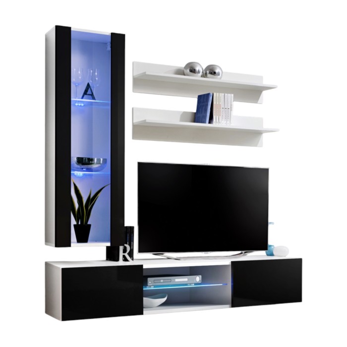 Ensemble Meuble TV FLY S2 avec LED. Coloris blanc et noir. Meuble suspendu design pour votre salon.