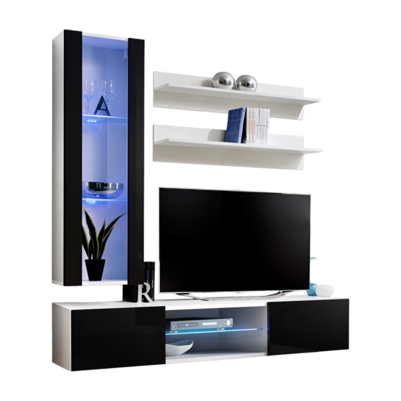 Ensemble Meuble TV FLY S2 avec LED. Coloris blanc et noir. Meuble suspendu design pour votre salon.