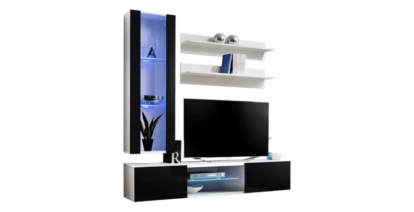 Ensemble Meuble TV FLY S2 avec LED. Coloris blanc et noir. Meuble suspendu design pour votre salon.