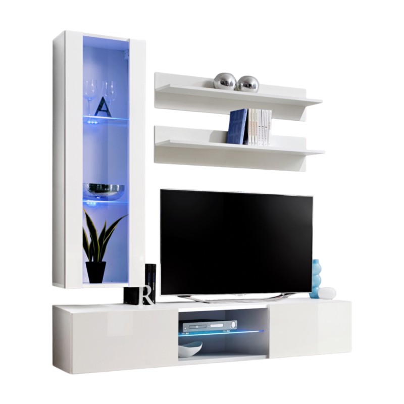 Ensemble Meuble TV FLY S2 avec LED. Coloris blanc. Meuble suspendu design pour votre salon.