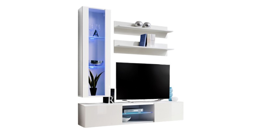 Ensemble Meuble TV FLY S2 avec LED. Coloris blanc. Meuble suspendu design pour votre salon.