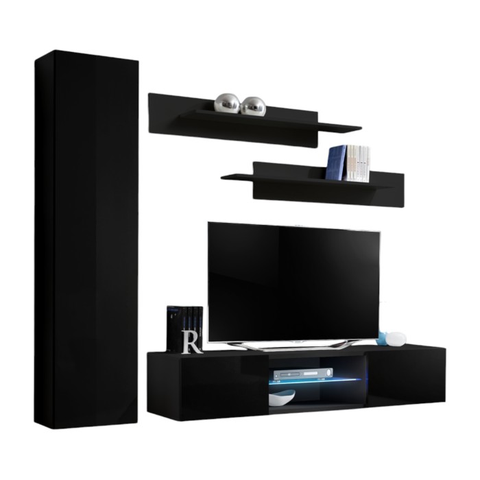 Ensemble Meuble TV FLY R1 avec LED. Coloris noir. Meuble suspendu design pour votre salon.