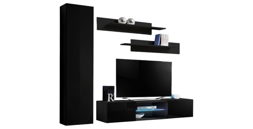 Ensemble Meuble TV FLY R1 avec LED. Coloris noir. Meuble suspendu design pour votre salon.