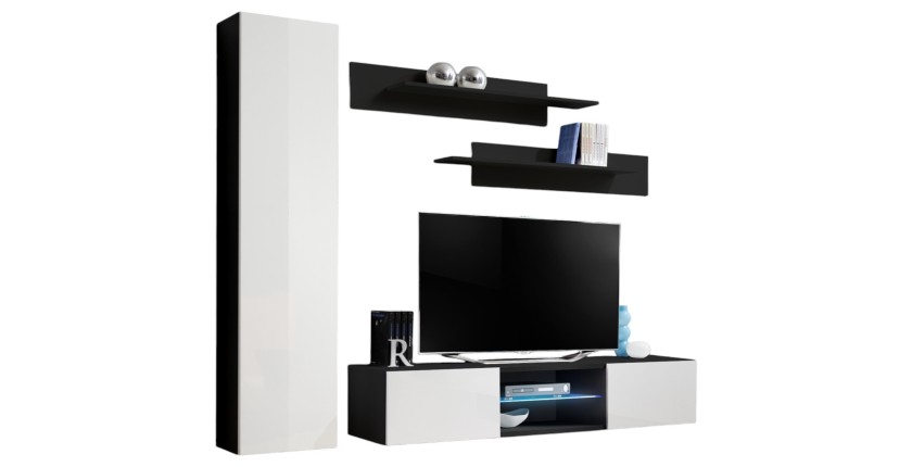 Ensemble Meuble TV FLY R1 avec LED. Coloris noir et blanc. Meuble suspendu design pour votre salon.
