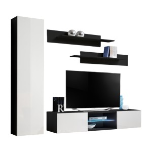 Ensemble Meuble TV FLY R1 avec LED. Coloris noir et blanc. Meuble suspendu design pour votre salon.
