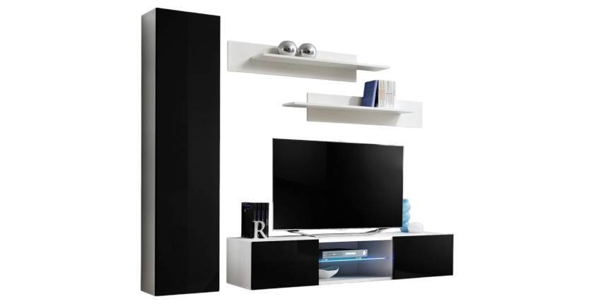 Ensemble Meuble TV FLY R1 avec LED. Coloris blanc et noir. Meuble suspendu design pour votre salon.