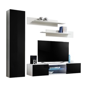 Ensemble Meuble TV FLY R1 avec LED. Coloris blanc et noir. Meuble suspendu design pour votre salon.