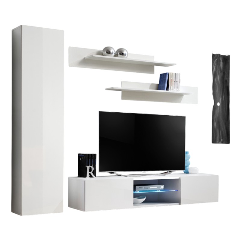 Ensemble Meuble TV FLY R1 avec LED. Coloris blanc. Meuble suspendu design pour votre salon.