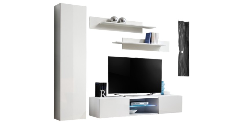 Ensemble Meuble TV FLY R1 avec LED. Coloris blanc. Meuble suspendu design pour votre salon.