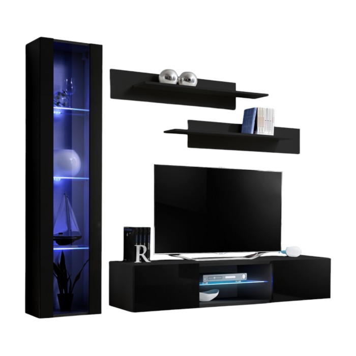Ensemble Meuble TV FLY R2 avec LED. Coloris noir. Meuble suspendu design pour votre salon.