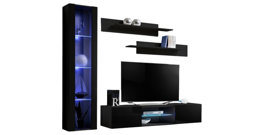 Ensemble Meuble TV FLY R2 avec LED. Coloris noir. Meuble suspendu design pour votre salon.