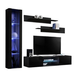 Ensemble Meuble TV FLY R2 avec LED. Coloris noir. Meuble suspendu design pour votre salon.