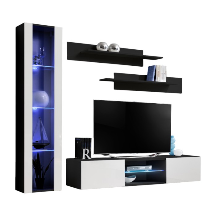 Ensemble Meuble TV FLY R2 avec LED. Coloris noir et blanc. Meuble suspendu design pour votre salon.