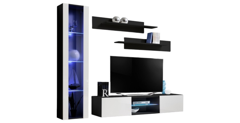 Ensemble Meuble TV FLY R2 avec LED. Coloris noir et blanc. Meuble suspendu design pour votre salon.