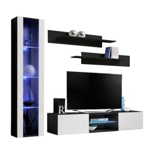 Ensemble Meuble TV FLY R2 avec LED. Coloris noir et blanc. Meuble suspendu design pour votre salon.