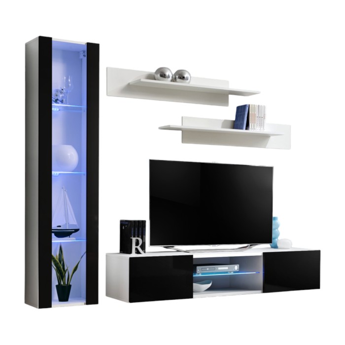 Ensemble Meuble TV FLY R2 avec LED. Coloris blanc et noir. Meuble suspendu design pour votre salon.