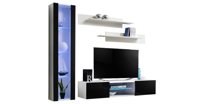 Ensemble Meuble TV FLY R2 avec LED. Coloris blanc et noir. Meuble suspendu design pour votre salon.