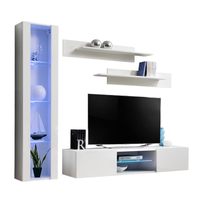 Ensemble Meuble TV FLY R2 avec LED. Coloris blanc. Meuble suspendu design pour votre salon.