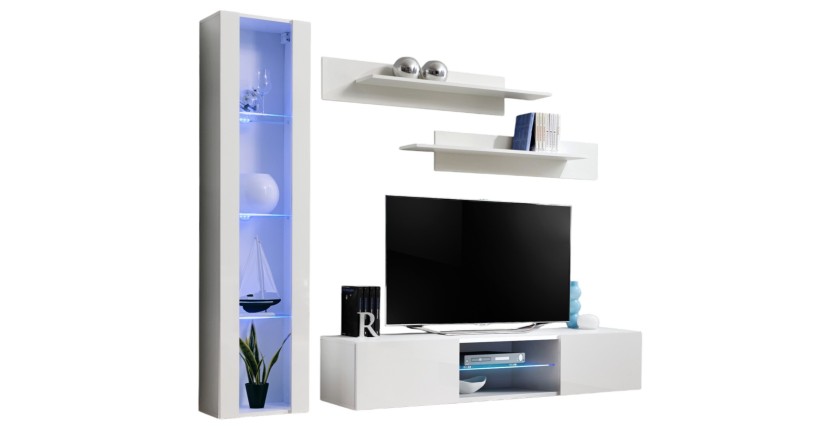 Ensemble Meuble TV FLY R2 avec LED. Coloris blanc. Meuble suspendu design pour votre salon.