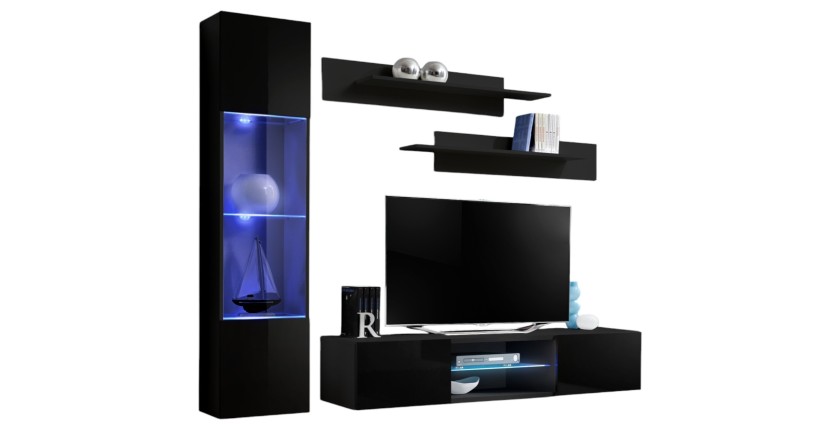 Ensemble Meuble TV FLY R3 avec LED. Coloris noir. Meuble suspendu design pour votre salon.
