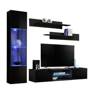 Ensemble Meuble TV FLY R3 avec LED. Coloris noir. Meuble suspendu design pour votre salon.