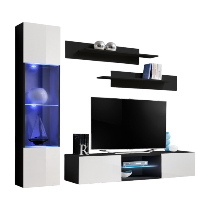 Ensemble Meuble TV FLY R3 avec LED. Coloris noir et blanc. Meuble suspendu design pour votre salon.