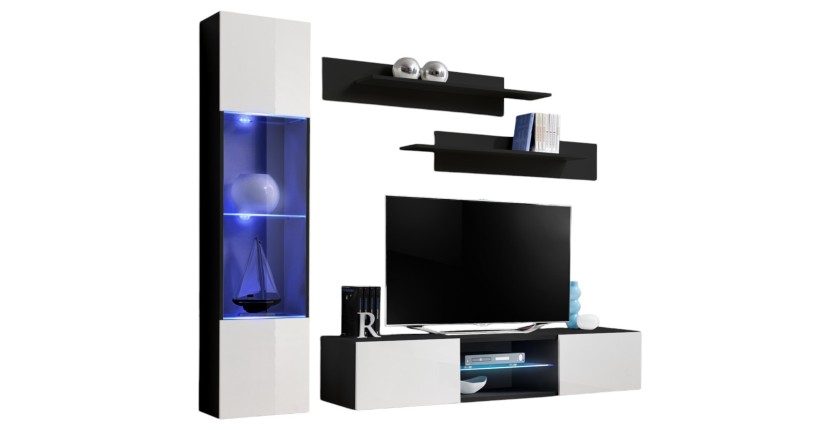 Ensemble Meuble TV FLY R3 avec LED. Coloris noir et blanc. Meuble suspendu design pour votre salon.