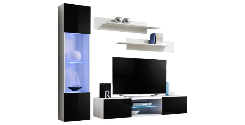Ensemble Meuble TV FLY R3 avec LED. Coloris blanc et noir. Meuble suspendu design pour votre salon.