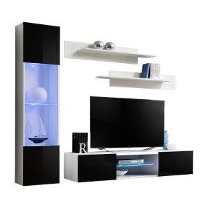 Ensemble Meuble TV FLY R3 avec LED. Coloris blanc et noir. Meuble suspendu design pour votre salon.