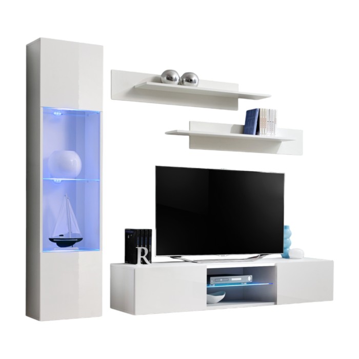 Ensemble Meuble TV FLY R3 avec LED. Coloris blanc. Meuble suspendu design pour votre salon.