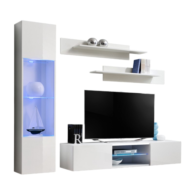 Ensemble Meuble TV FLY R3 avec LED. Coloris blanc. Meuble suspendu design pour votre salon.