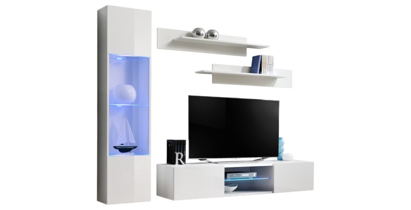 Ensemble Meuble TV FLY R3 avec LED. Coloris blanc. Meuble suspendu design pour votre salon.