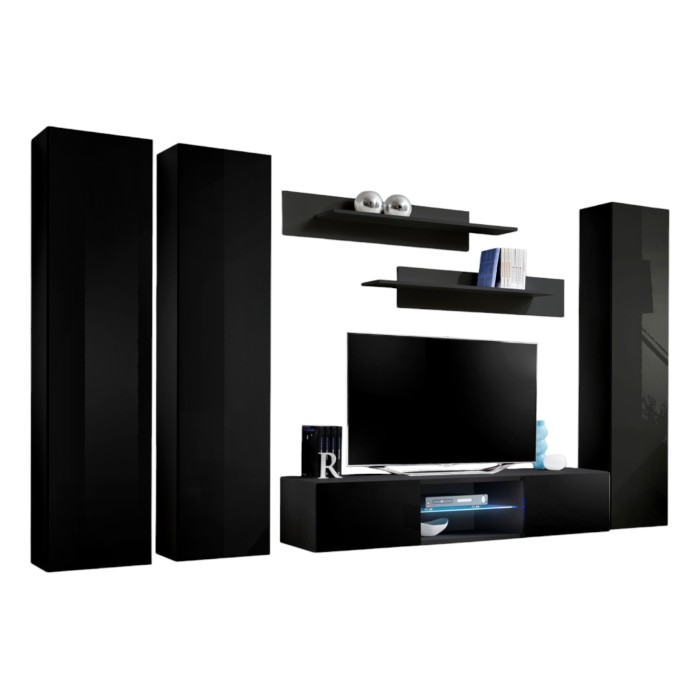 Ensemble Meuble TV FLY P1 avec LED. Coloris noir. Meubles suspendus design pour votre salon.