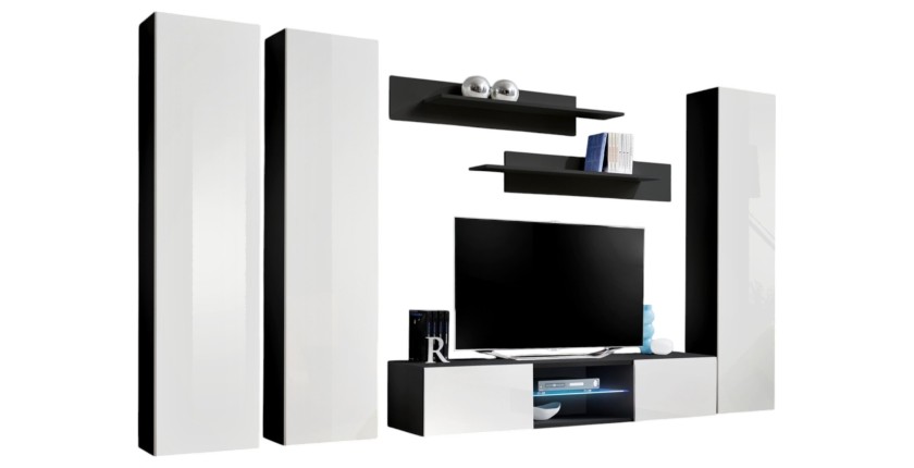 Ensemble Meuble TV FLY P1 avec LED. Coloris noir et blanc. Meubles suspendus design pour votre salon.