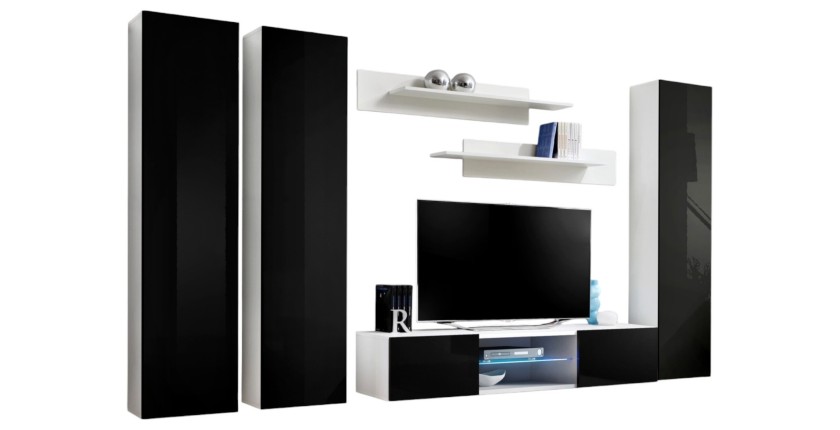 Ensemble Meuble TV FLY P1 avec LED. Coloris blanc et noir. Meubles suspendus design pour votre salon.