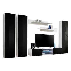 Ensemble Meuble TV FLY P1 avec LED. Coloris blanc et noir. Meubles suspendus design pour votre salon.