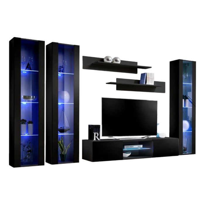 Ensemble Meuble TV FLY P2 avec LED. Coloris noir. Meubles suspendus design pour votre salon.