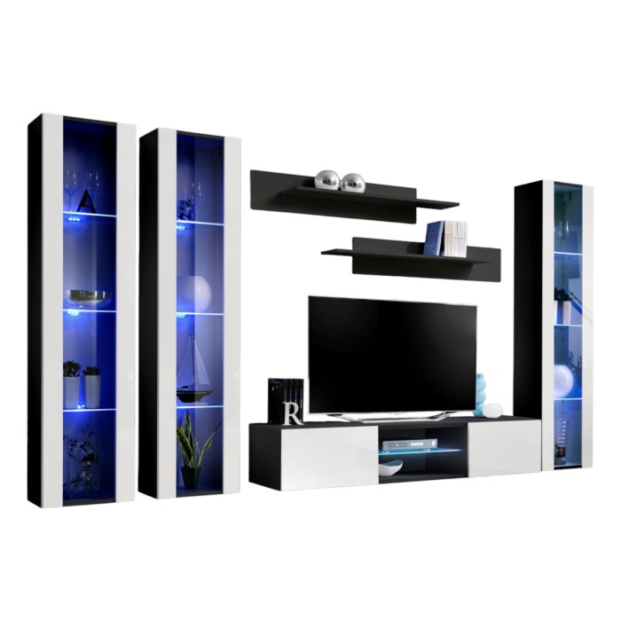 Ensemble Meuble TV FLY P2 avec LED. Coloris noir et blanc. Meubles suspendus design pour votre salon.