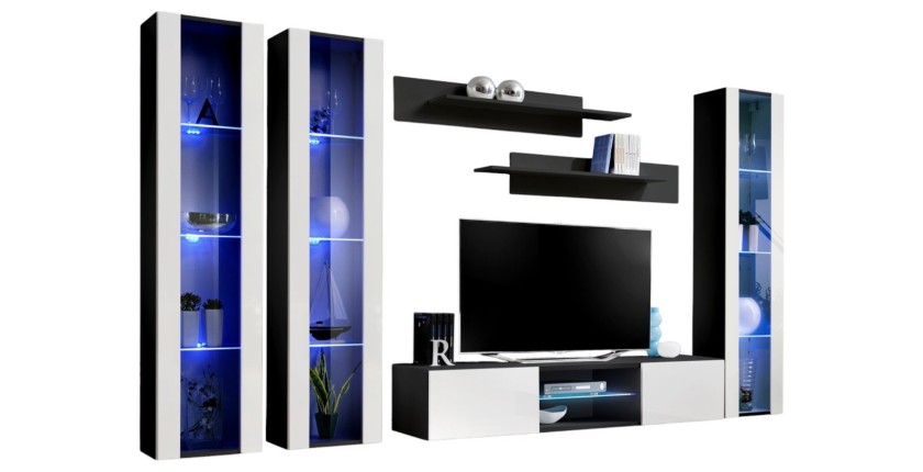 Ensemble Meuble TV FLY P2 avec LED. Coloris noir et blanc. Meubles suspendus design pour votre salon.