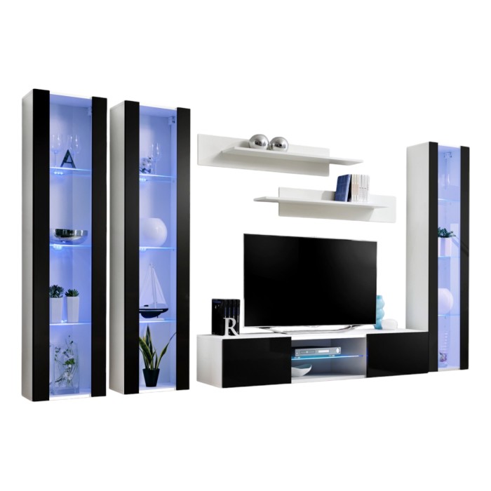 Ensemble Meuble TV FLY P2 avec LED. Coloris blanc et noir. Meubles suspendus design pour votre salon.