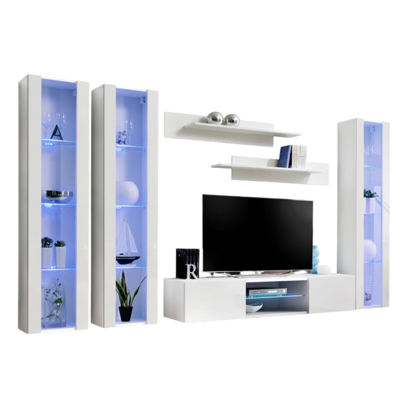 Ensemble Meuble TV FLY P2 avec LED. Coloris blanc. Meubles suspendus design pour votre salon.