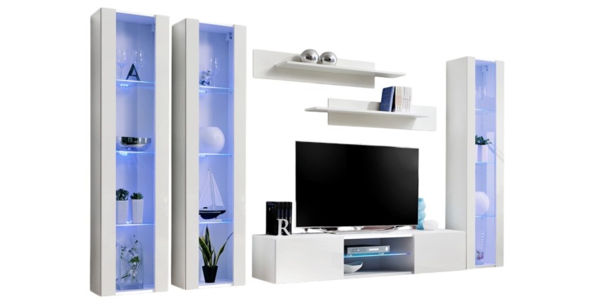 Ensemble Meuble TV FLY P2 avec LED. Coloris blanc. Meubles suspendus design pour votre salon.