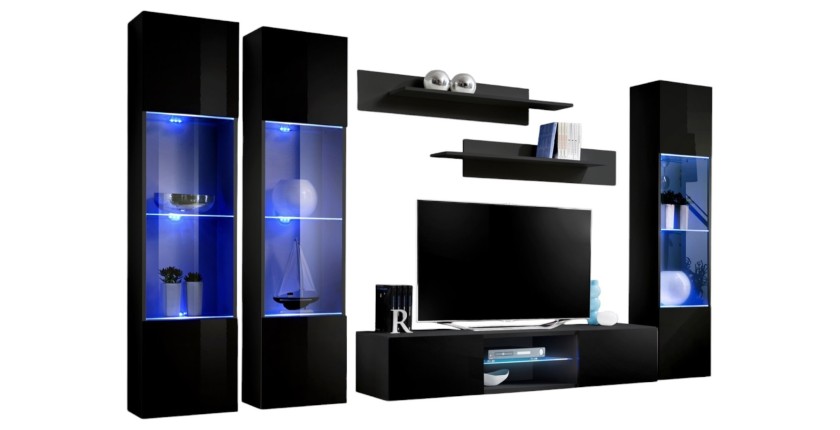Ensemble Meuble TV FLY P3 avec LED. Coloris noir. Meubles suspendus design pour votre salon.
