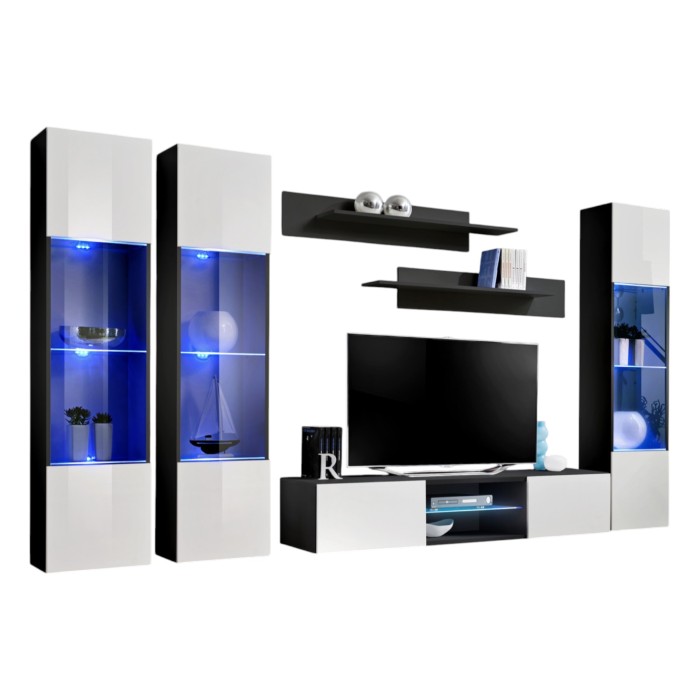 Ensemble Meuble TV FLY P3 avec LED. Coloris noir et blanc. Meubles suspendus design pour votre salon.
