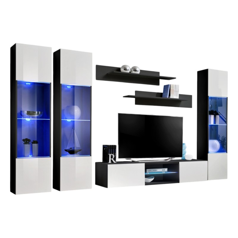 Ensemble Meuble TV FLY P3 avec LED. Coloris noir et blanc. Meubles suspendus design pour votre salon.
