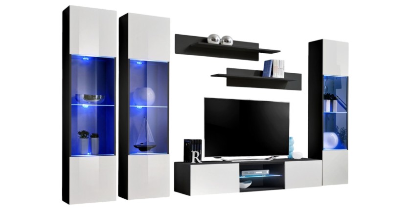 Ensemble Meuble TV FLY P3 avec LED. Coloris noir et blanc. Meubles suspendus design pour votre salon.